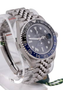 ROLEX BLACK & BLUE GMT MASTER II STAINLESS, 40MM: Rolex never worn Oyster Perpetual date 'GMT Master II 'Batman' stainless steel, 2019, featuring sapphire crystal, date window, blue and black bezel, luminous hour markers, Oyster link bracelet with fo