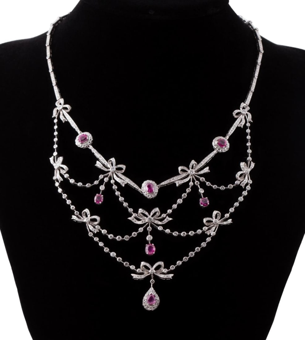 RUBY, DIAMOND, AND 14K WHITE GOLD BIB NECKLACE (1 of 7)
