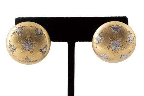 BUCCELLATI 18K BICOLOR GOLD BUTTON EARRINGS: Pair of Mario Buccellati (Italian 1919),18k bicolor gold Geminato button earrings, having a textured surface, and omega stud backs, engraved 'Mario Buccellati' and stamped '750' with maker's