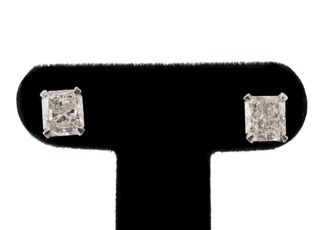 PAIR RADIANT CUT DIAMOND & 14K WHITE GOLD EARRINGS (1 of 5)