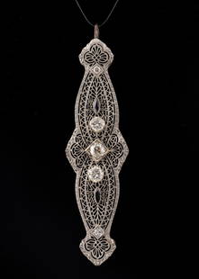 DIAMOND, SAPPHIRE AND 14K GOLD FILIGREE PENDANT: Edwardian prong set diamond, sapphire, and 14k white gold filigree pendant with collapsible bail, having five (5) round brilliant cut diamonds, of VS-2 clarity and faint color, weighing approximately