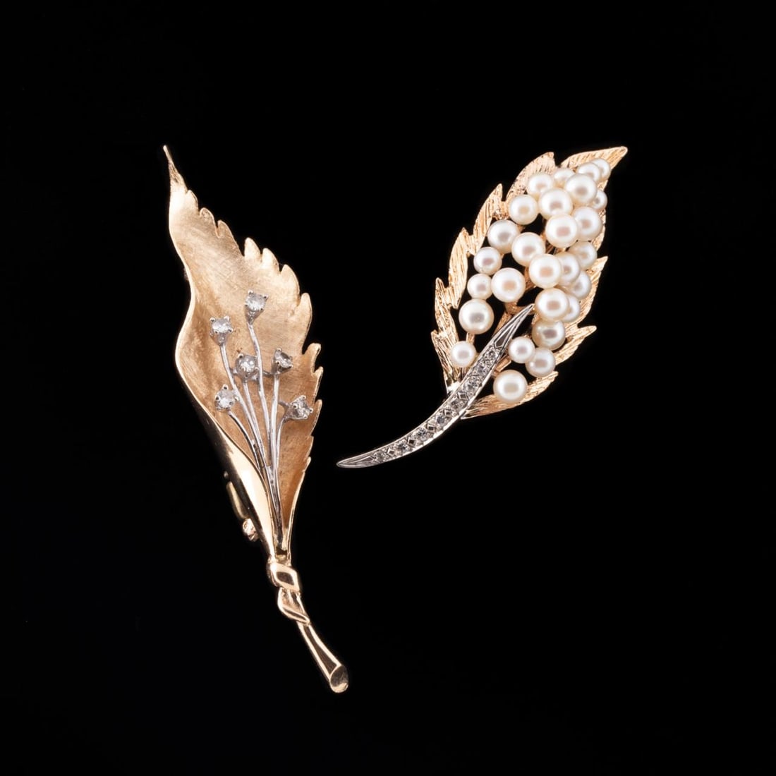 TWO PEARL, DIAMOND & 14K GOLD LEAF BROOCHES (1 of 5)