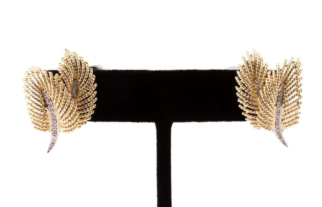 DIAMOND, 18K YELLOW AND WHITE GOLD LEAF EARRINGS (1 of 5)
