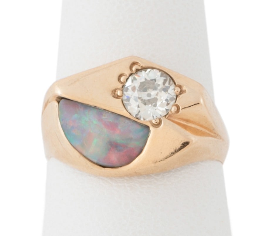 OPAL, DIAMOND AND 14K YELLOW GOLD RING (1 of 5)