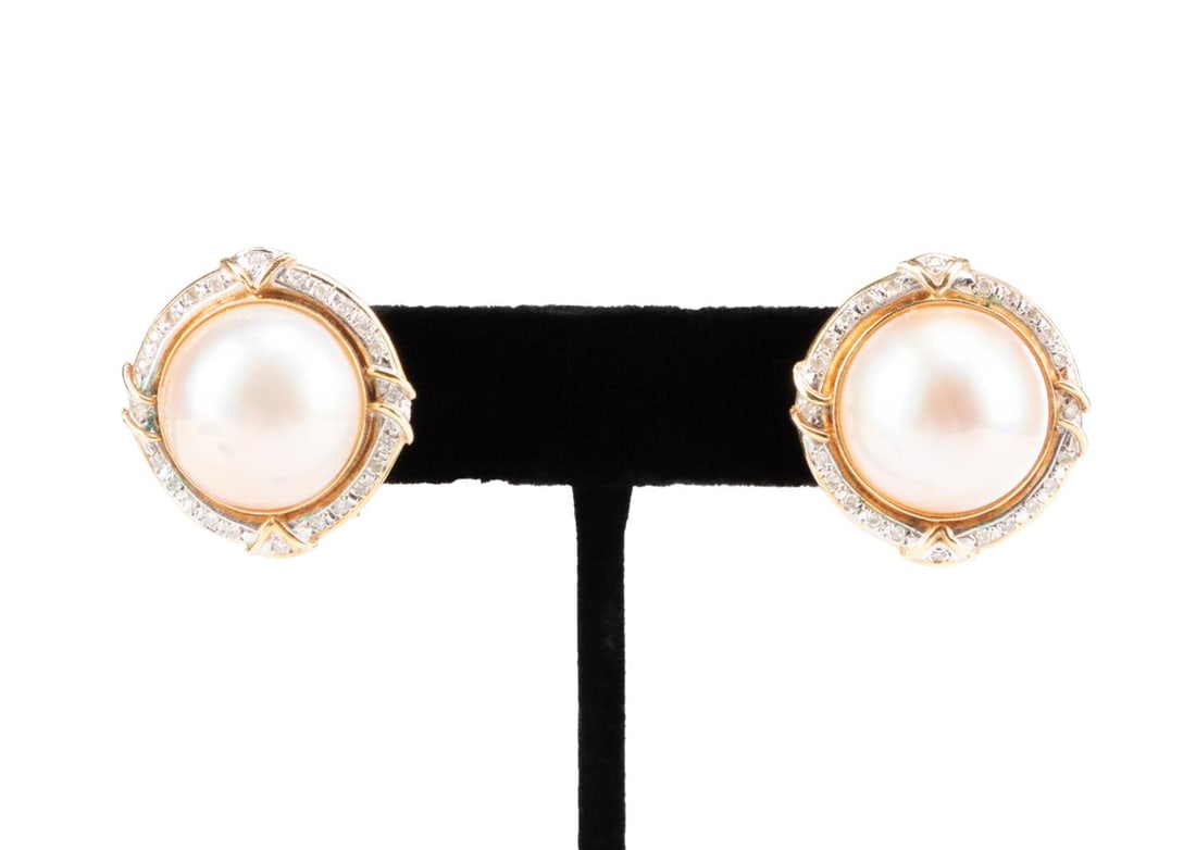 PAIR MABE PEARL, DIAMOND & 14K GOLD EARRINGS (1 of 5)