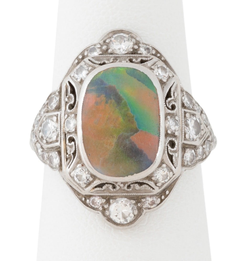 VINTAGE OPAL, DIAMOND AND PLATINUM RING (1 of 5)