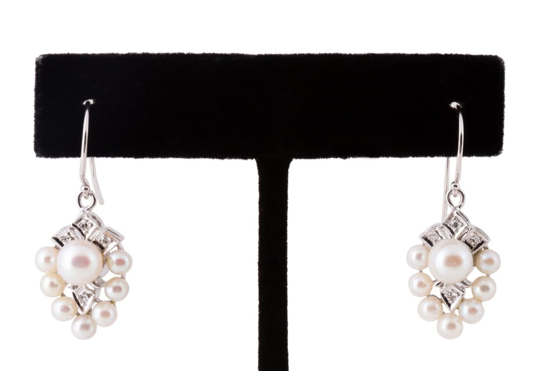 PAIR DIAMOND, PEARL, AND 14K WHITE GOLD EARRINGS (1 of 4)