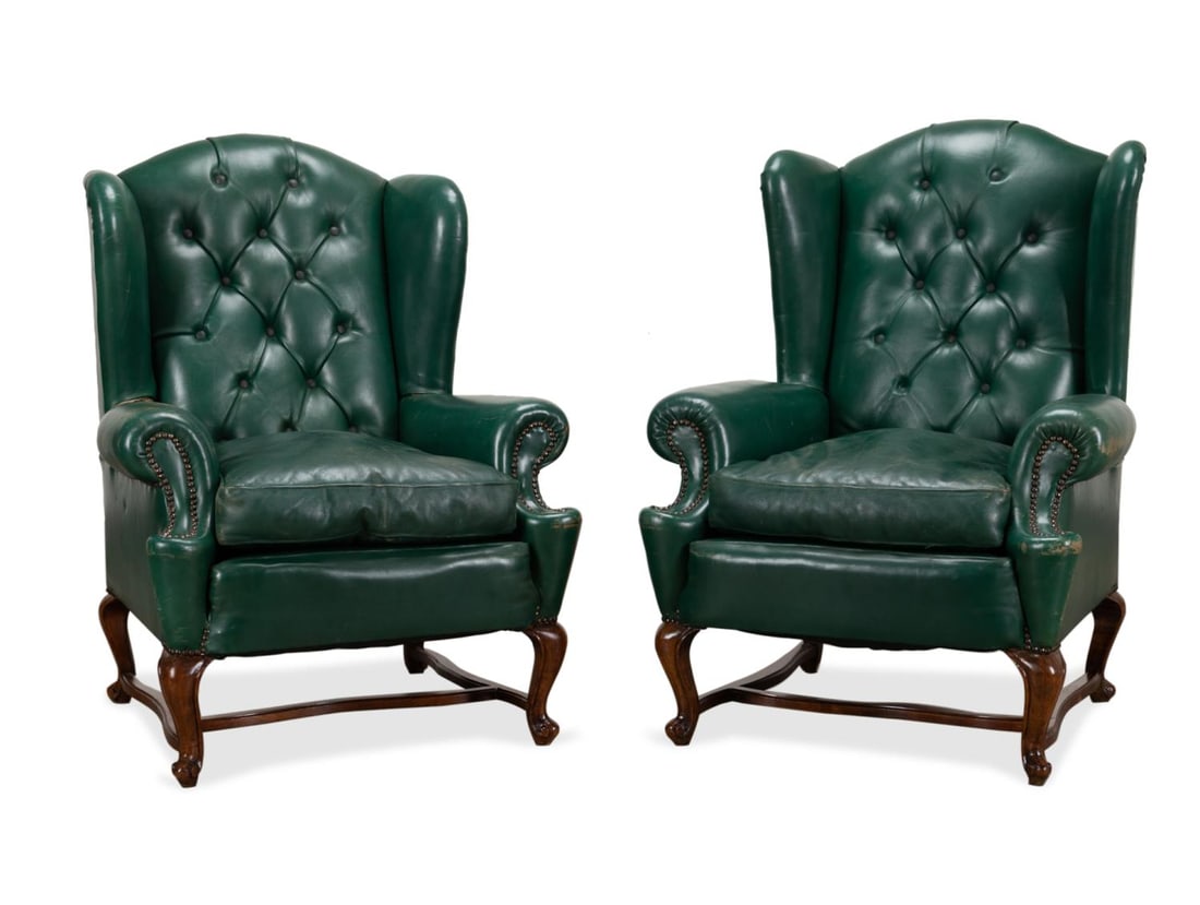 NEAR PAIR GREEN LEATHER WINGBACK CHAIRS (1 of 6)