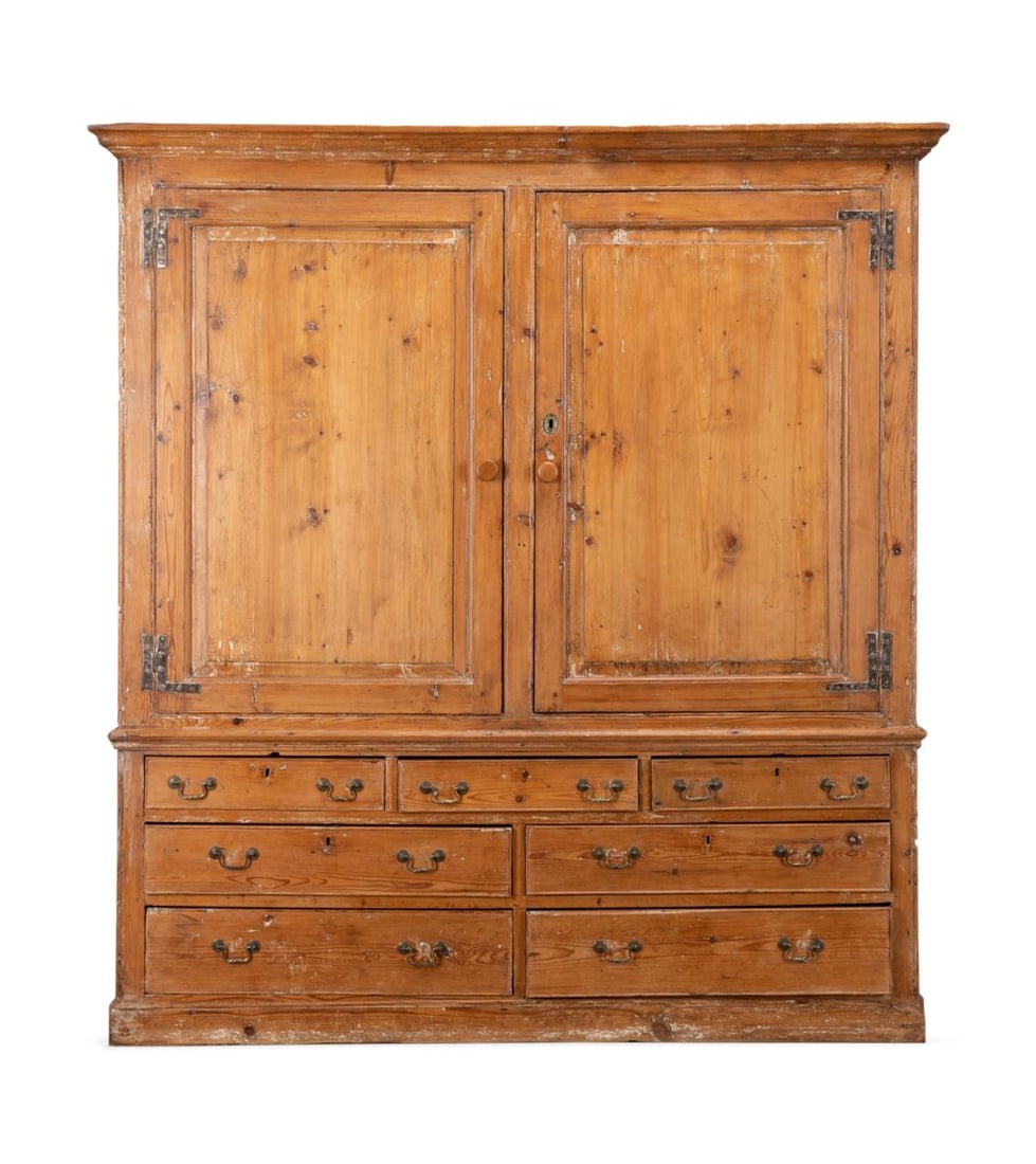 LARGE ENGLISH GEORGIAN PINE LINEN PRESS, L. 19TH C (1 of 9)