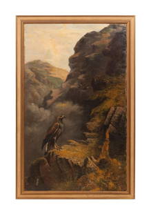 MANNER OF EDWIN HENRY LANDSEER “EAGLES NEST" O/C: Manner of Sir Edwin Henry Landseer (English 1803-1873), 'Eagles Nest', early 20th century, oil on canvas depicting a landscape scene of two eagles on the side of a mountain, apparently unsigned. Prove