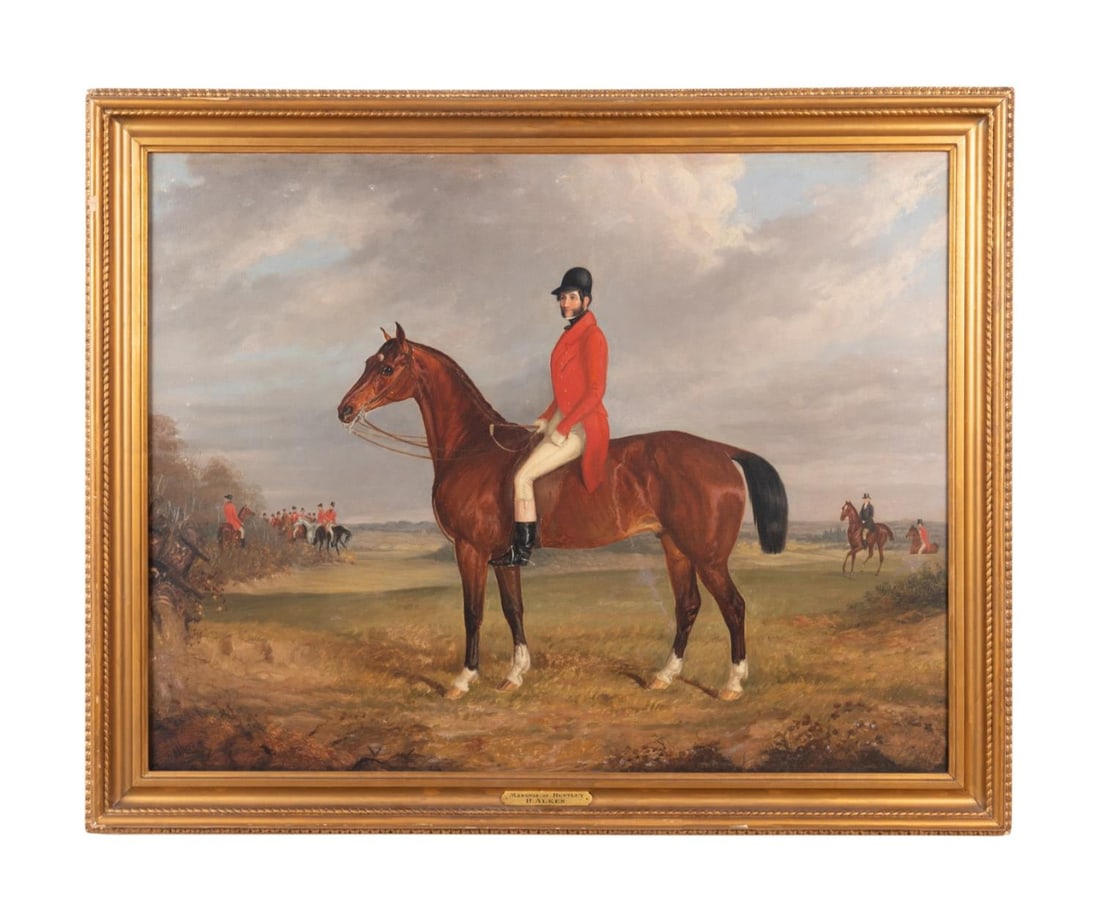 HENRY THOMAS ALKEN, 'MARQUIS OF HUNTLEY' O/C: Henry Thomas Alken (British 1785-1851), 'Marquis of Huntley', oil on canvas, depicting a dark haired rider on a brown horse with several other horses and riders in the background, signed to lower left