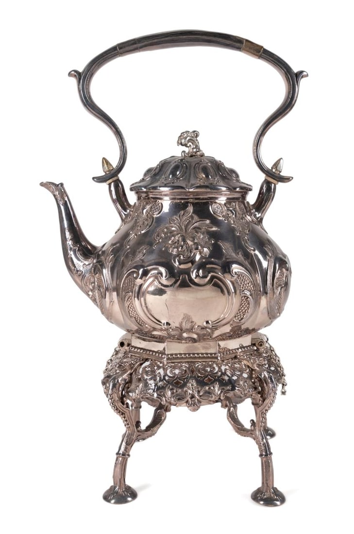 ROCOCO STYLE SILVERPLATE KETTLE ON STAND W/ BURNER (1 of 4)