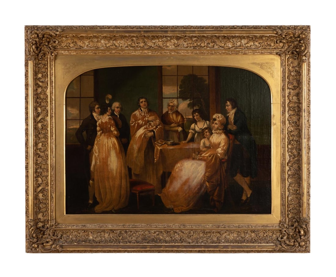 AFTER BIGG "CHRISTENING OF THE HEIR" OLEOGRAPH: After William Redmore Bigg RA (British 1755-1828), mezzotint William Ward (British 1766-826), "Christening Of The Heir", 19th century, oleograph, interior genre scene depicting a family christening, h