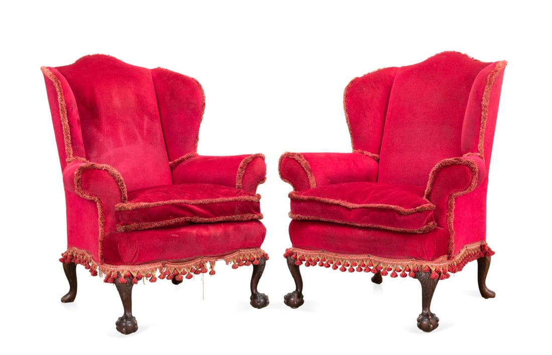 PR PHILADELPHIA CHIPPENDALE STYLE WINGBACK CHAIRS: American Philadelphia Chippendale style upholstered wing back chairs, featuring velvet upholstery with red and tan fringe trim, each raised on cabriole legs with acanthus carved knees and terminating