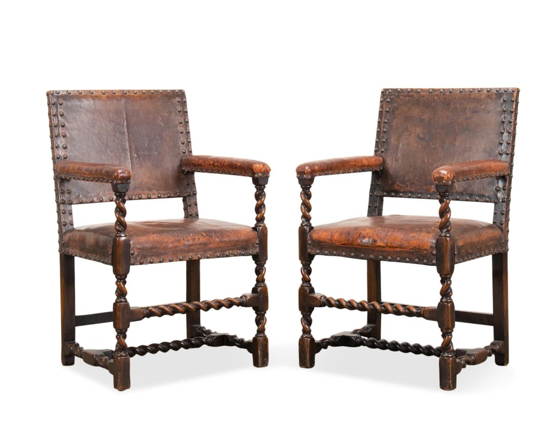 PR JACOBEAN STYLE LEATHER & CARVED WOOD ARMCHAIRS (1 of 6)