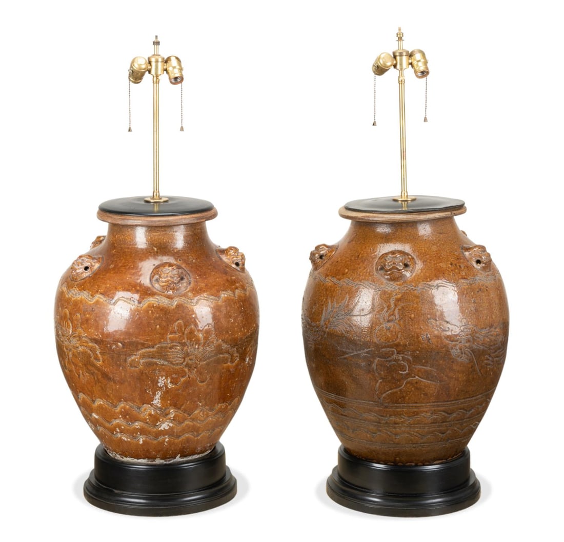 PR CHINESE MARTABAN JARS MOUNTED AS LAMPS, 19TH C (1 of 6)
