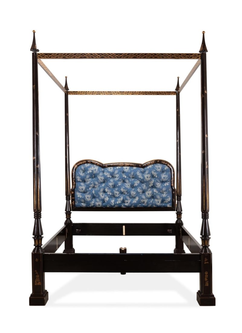 STATELY KING SIZE CHINOISERIE FOUR POSTER BED: LX Rossi (American 21st century), stately king size four poster tester bed, having a deep chocolate brown lacquer Sanssouci finish with gilt chinoiserie decoration, and blue Chinese dragon tufted upho