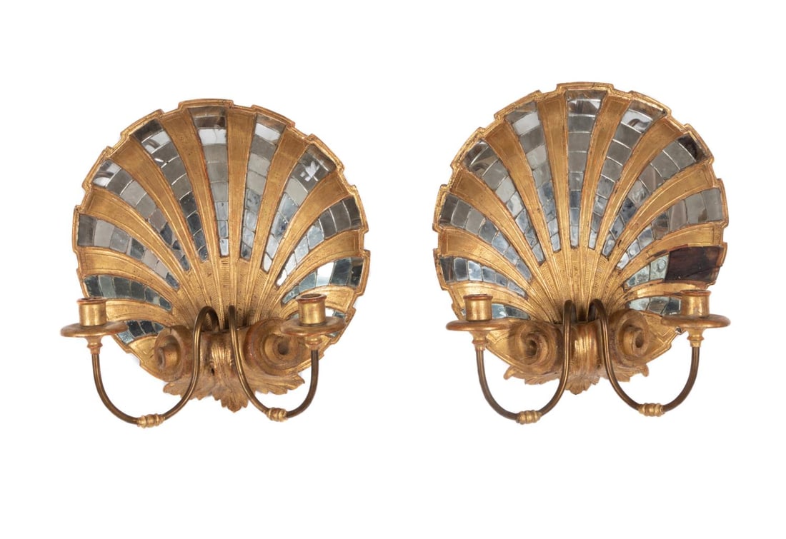 PAIR ITALIAN GILTWOOD MIRROR TILE SHELL SCONCES (1 of 5)