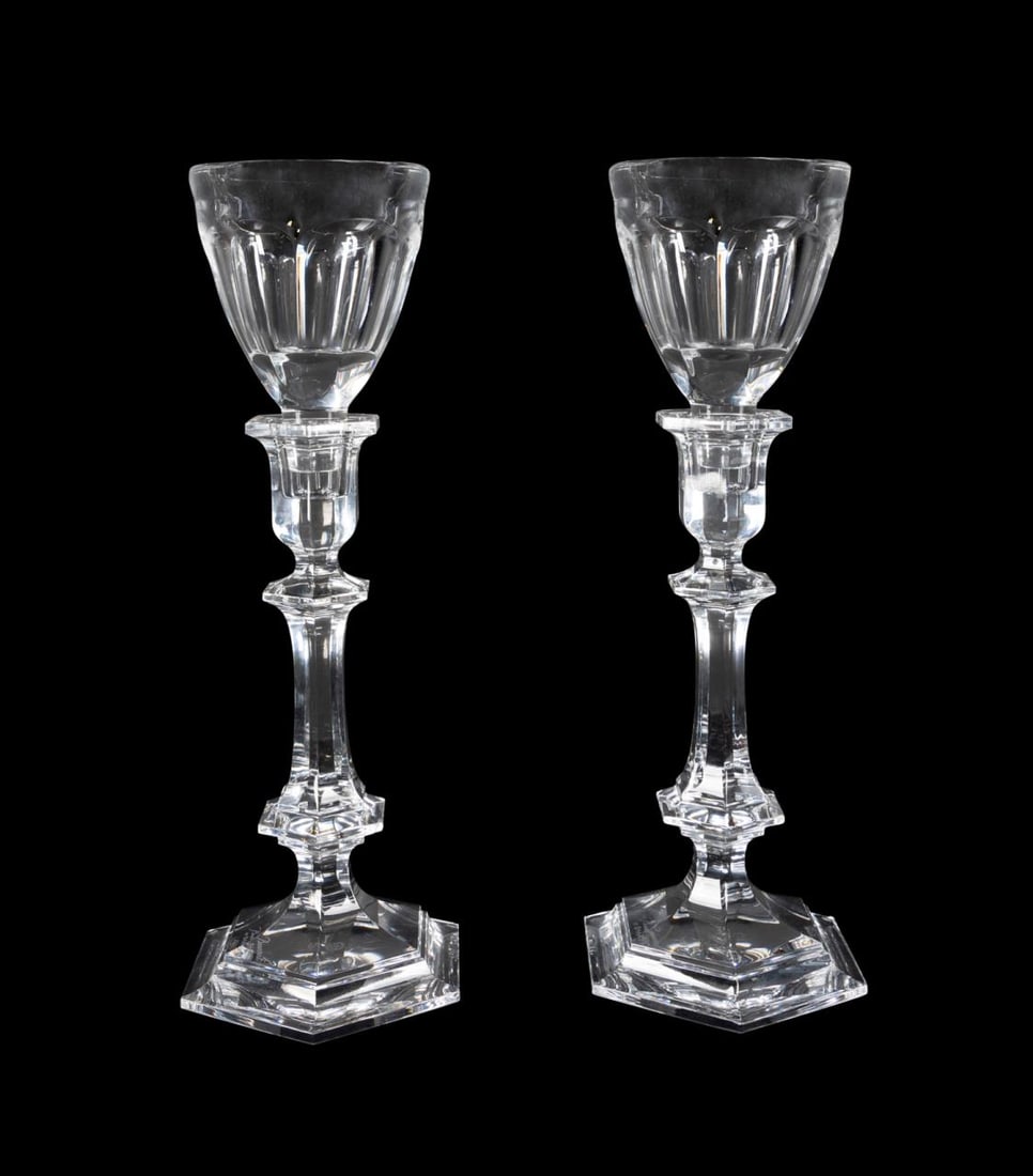 PAIR BACCARAT BY STARCK CANDLESTICKS WITH SHADES: Four pieces of Baccarat (French 1765), by Starck (Philippe Starck (French b.1949), table articles comprising a pair of 'Harcourt Our Fire' (''Harcourt-Versailles' pattern introduced 1841) convertible