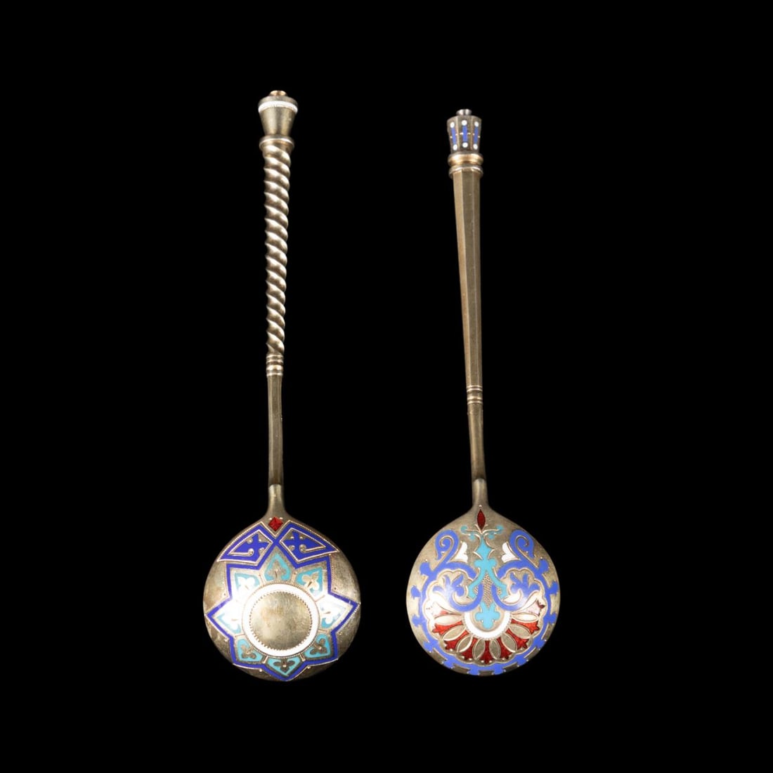 TWO RUSSIAN SILVER GILT CHAMPLEVE ENAMEL SPOONS (1 of 5)