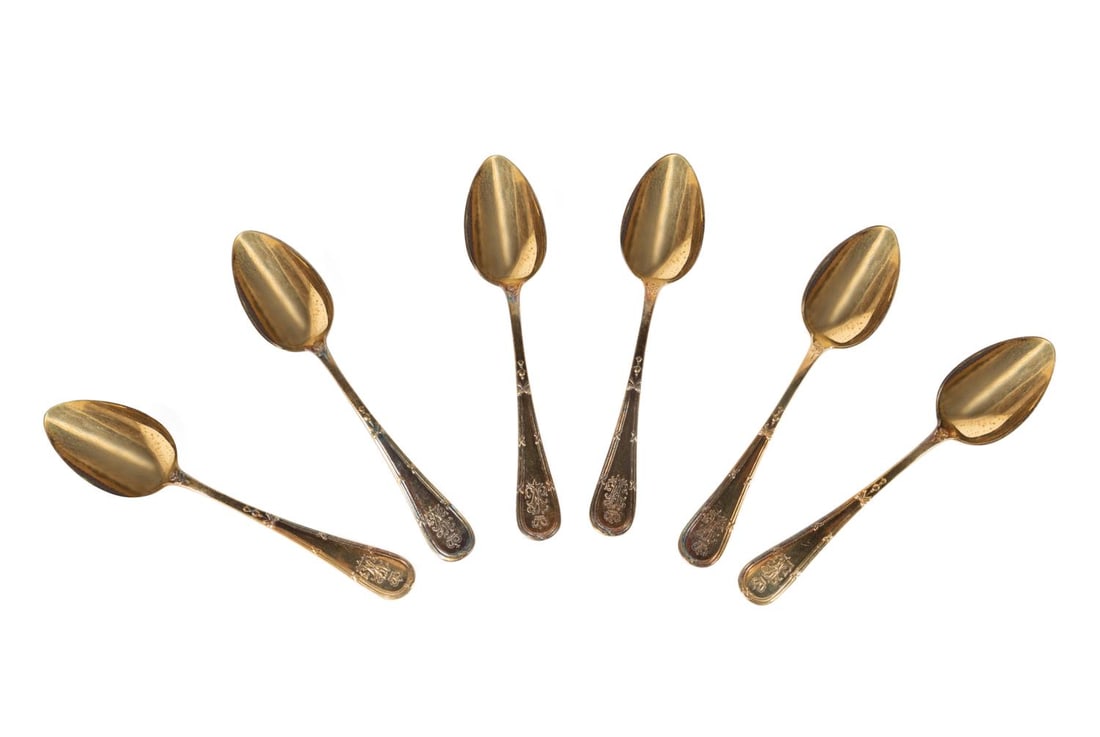 6PCS RUSSIAN SILVER GILT DEMITASSE SPOONS, 19TH C. (1 of 3)
