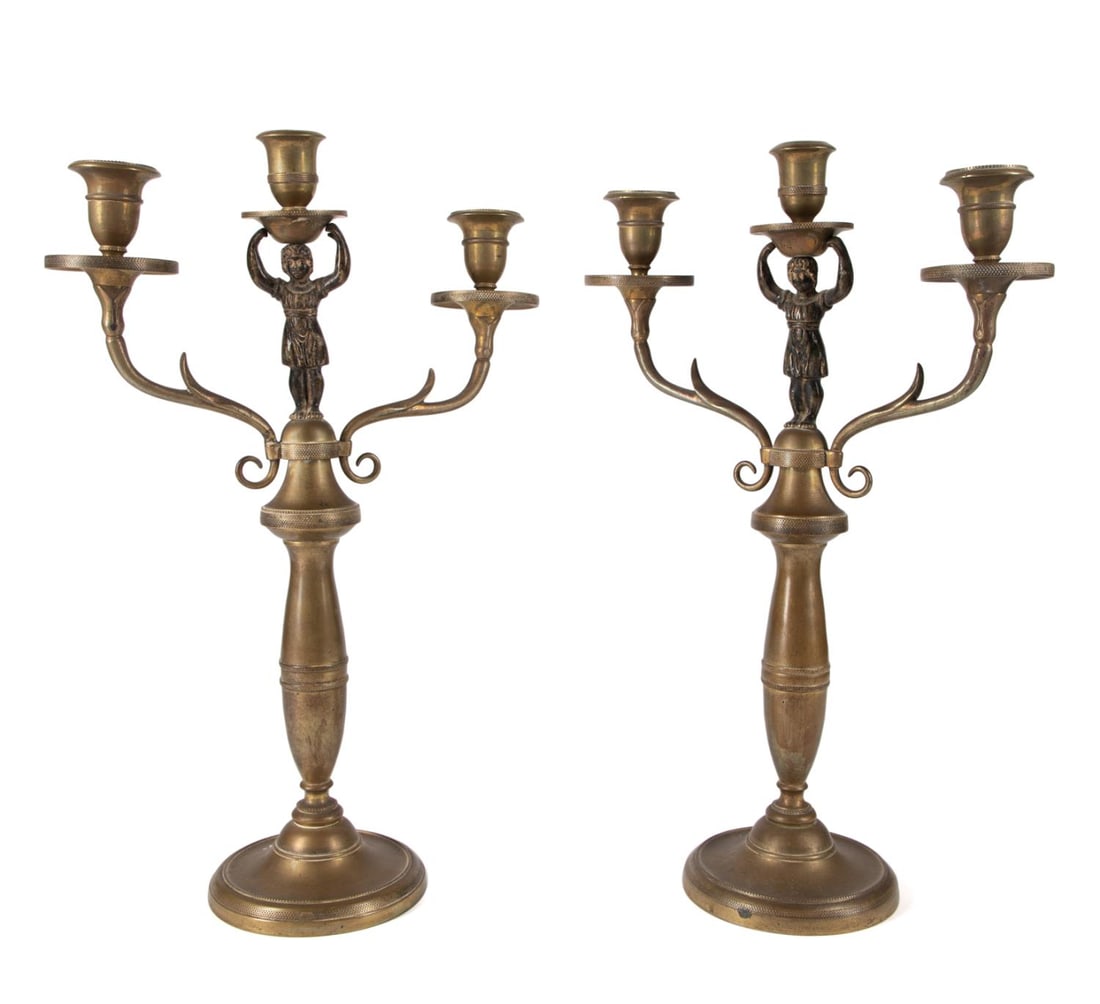PAIR 19TH C. EMPIRE THREE LIGHT FIGURAL CANDELABRA (1 of 7)