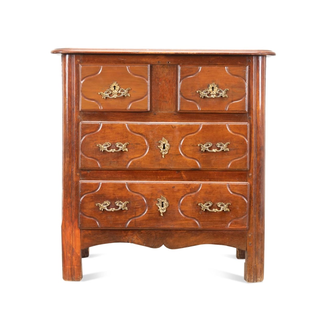 LOUIS XIV STYLE WALNUT DIMINUTIVE CHEST, 19TH C.: French Louis XIV Provincial style diminutive walnut chest of drawers, 19th century, having a shaped top over two short and two long paneled drawers, and raised on square legs, stamped maker's mark E P