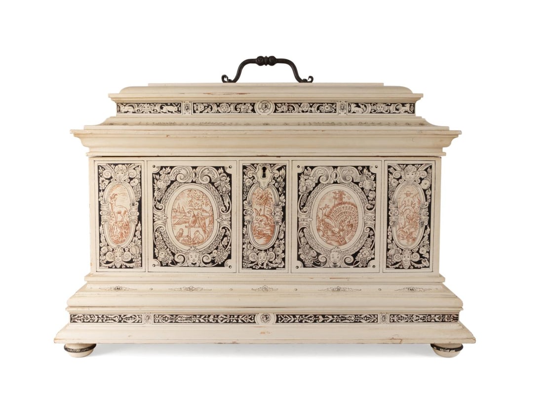 RENAISSANCE STYLE PAINTED TABLETOP CASKET, 1915: Large North American or European painted wooden tabletop casket, 1915, having black and sepia decoration in the Renaissance taste, the reserves depicting various animals, the interior with removable t
