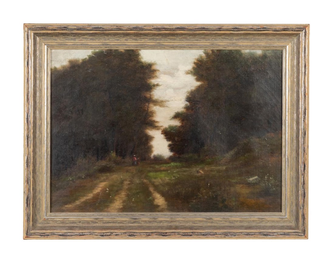 CONTINENTAL SCHOOL FRAMED OIL OF FIGURES IN FOREST (1 of 4)