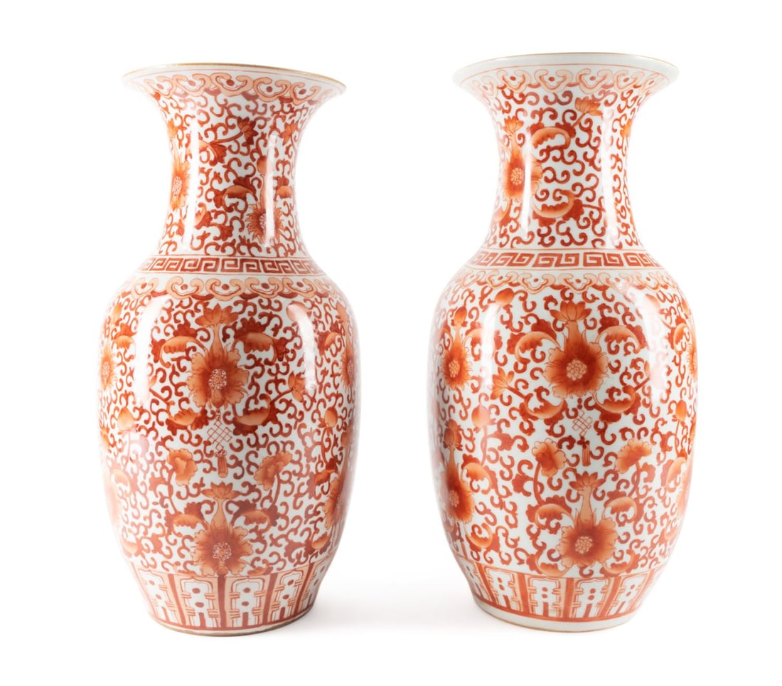 PAIR CHINESE IRON RED LOTUS BALUSTER VASES (1 of 9)