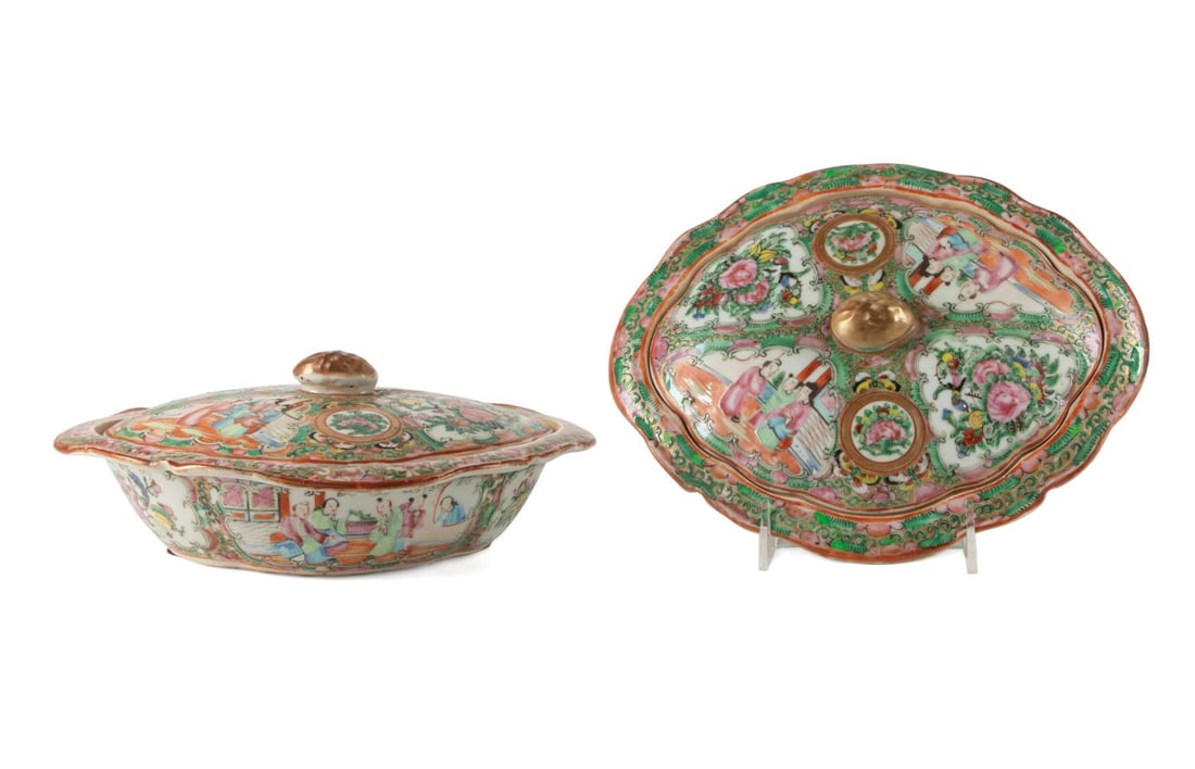 PAIR CHINESE ROSE MEDALLION LIDDED SERVING DISHES (1 of 8)