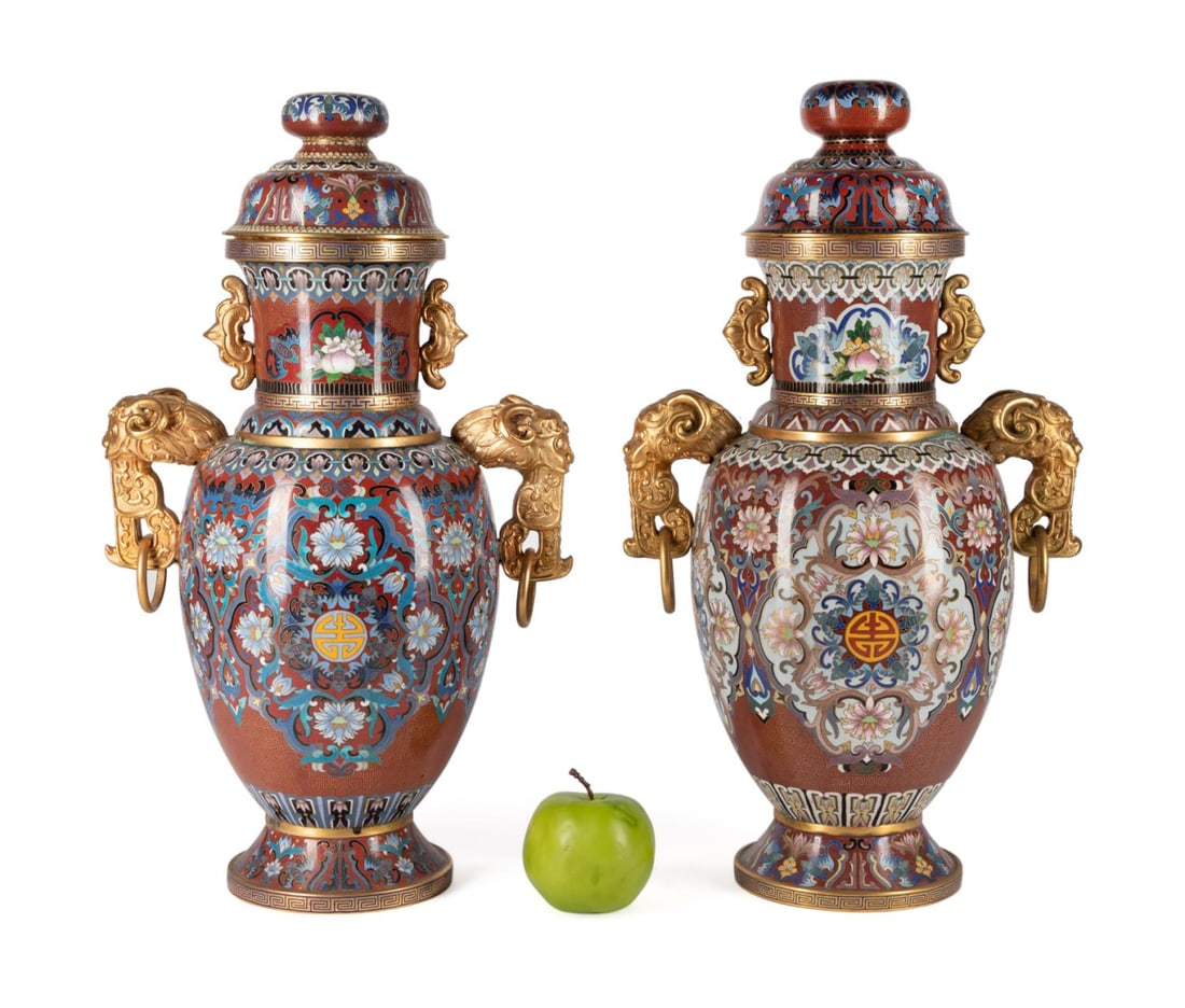 PAIR CHINESE CLOISONNE LIDDED URNS (1 of 8)