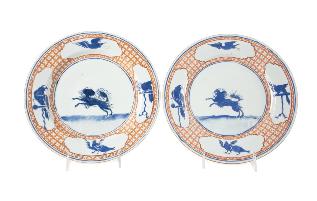 PAIR CHINESE 'LEAPING PEKINESE' PLATES, C. 1740 (1 of 3)
