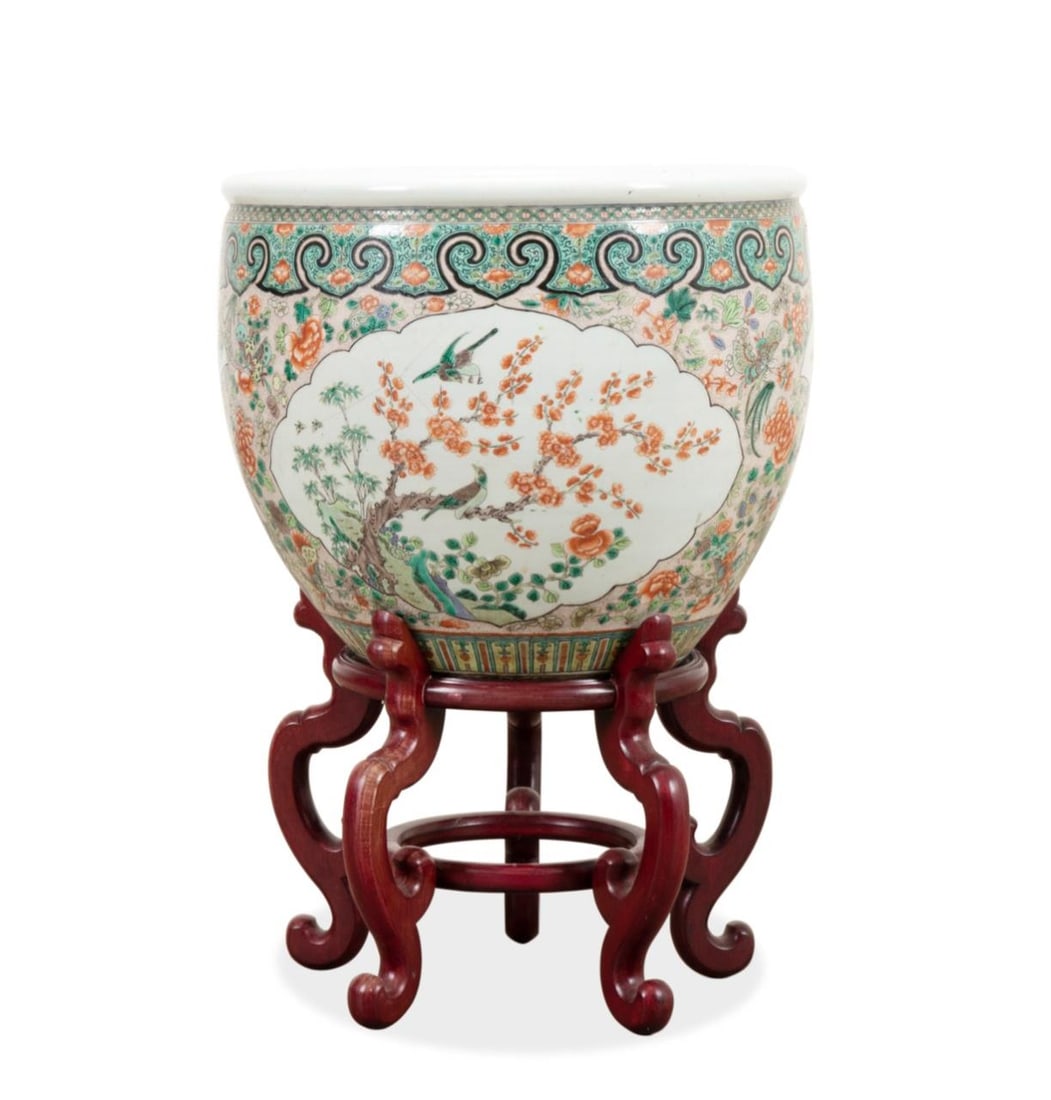 CHINESE FAMILLE VERTE PHOENIX FISH BOWL ON STAND (1 of 11)
