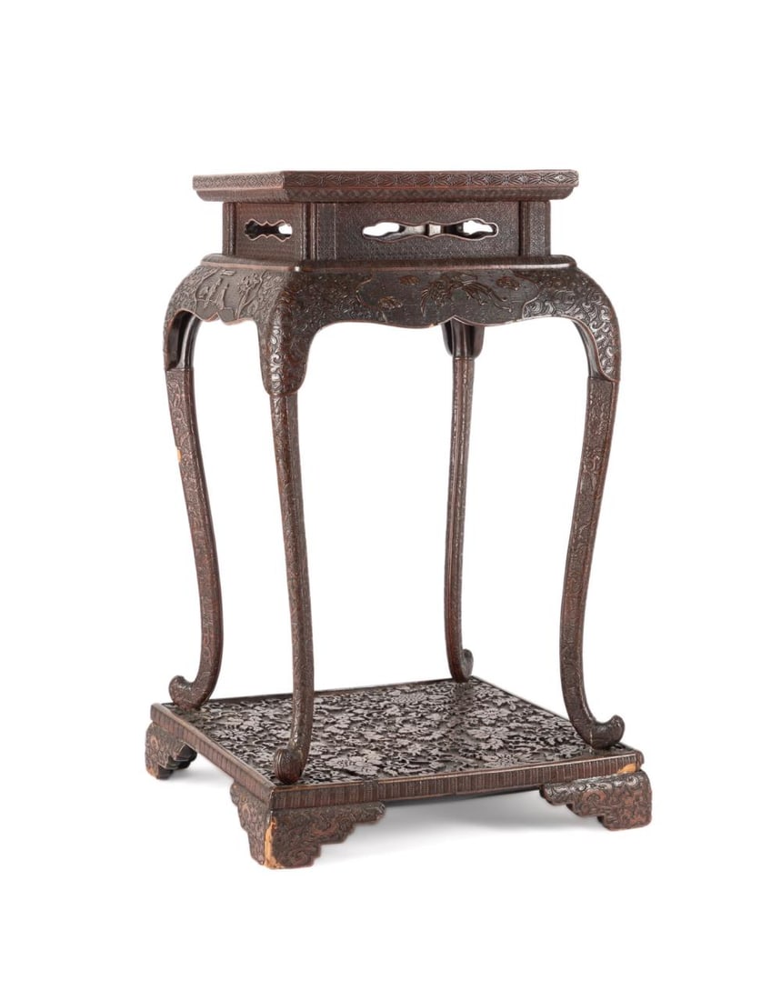 CHINESE LACQUER OVER WOOD INCENSE STAND: Chinese lacquer over wood incense stand, having a square top above a waisted and scalloped apron issuing cabriole legs, rising on a square plinth base with bracket feet, the whole lacquered and carved