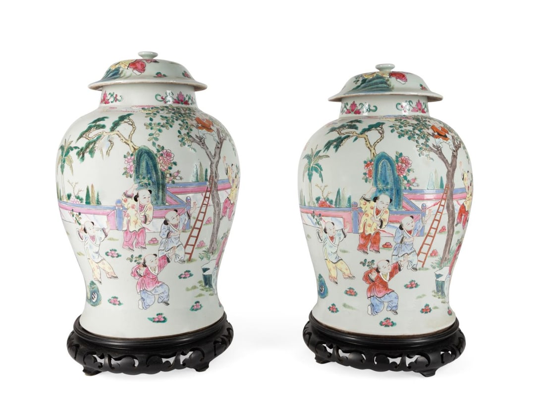 PAIR CHINESE FAMILLE ROSE GINGER JARS ON STANDS (1 of 6)