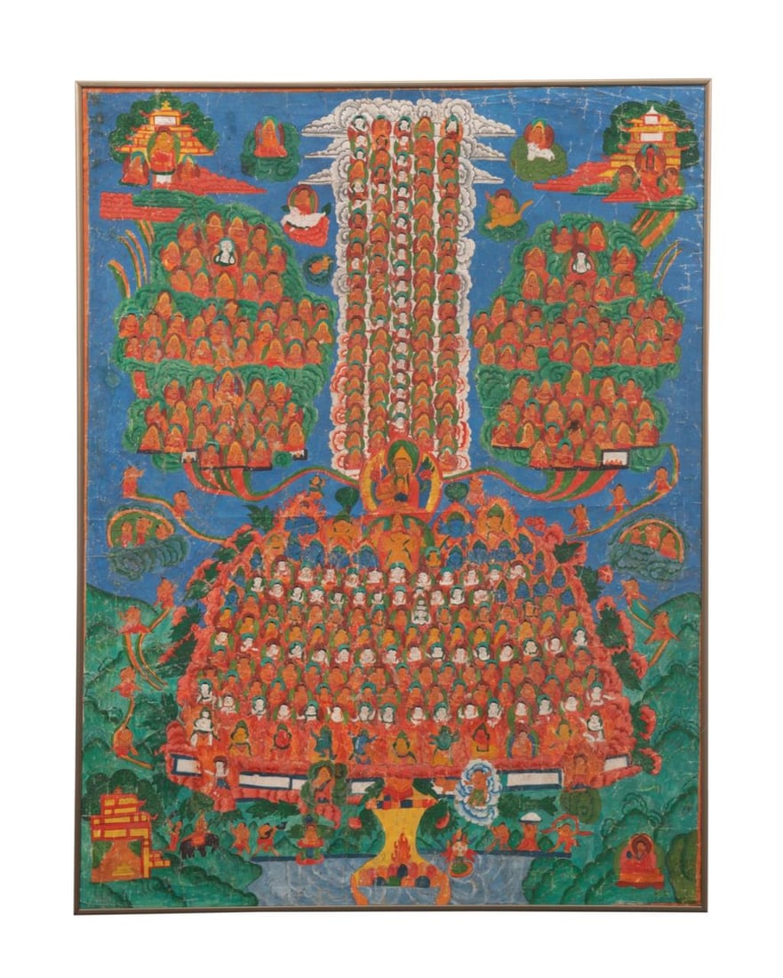 TIBETAN 'FIELD OF ACCUMULATION' THANGKA: Tibetan pigment on canvas Thangka, depicting a Gelugpa style 'Field of Accumulation scene', centering the Tibetan monk Tsongkhapa wearing a pointed yellow cap and a patchwork robe, surrounded by tiers