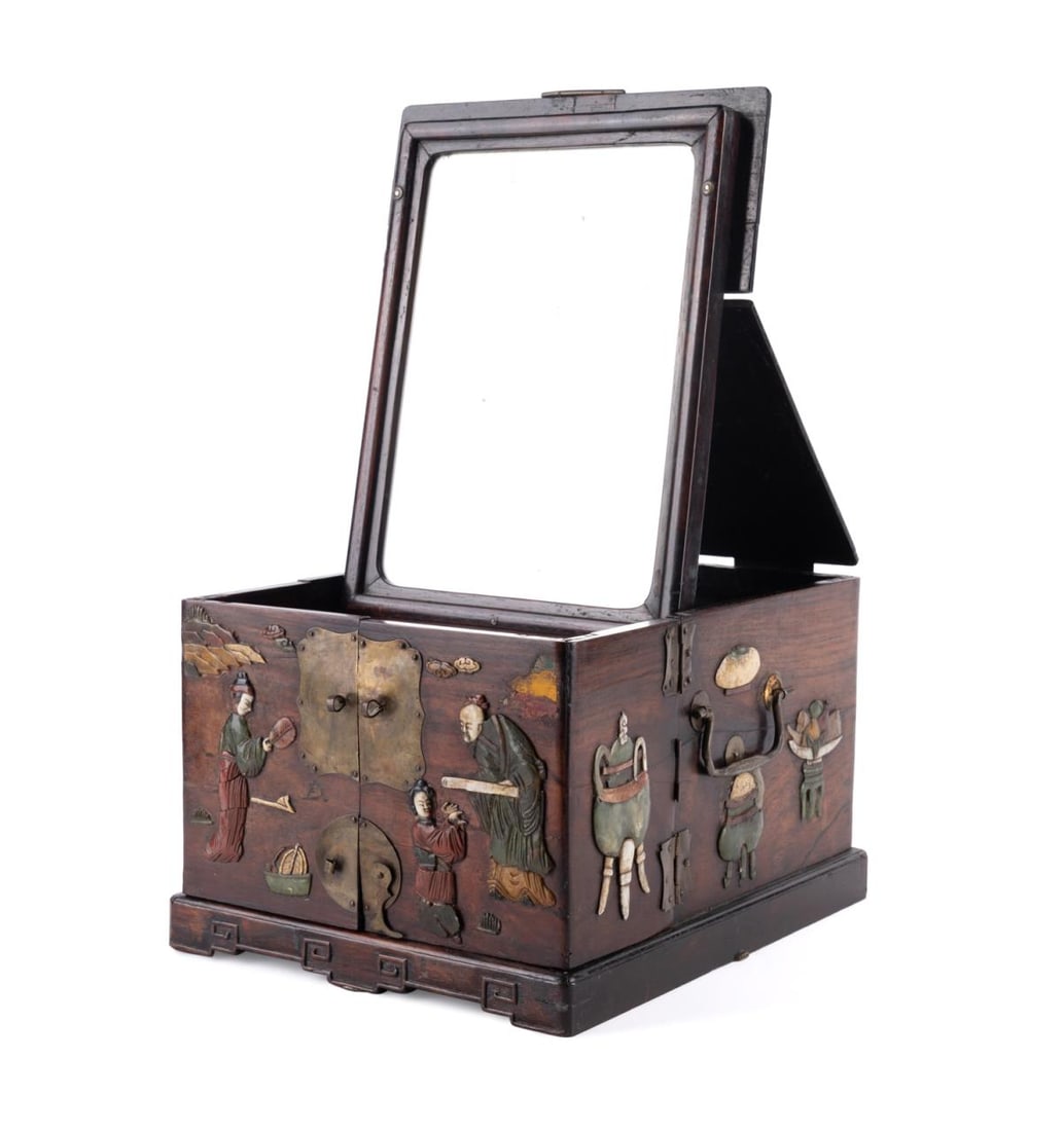 CHINESE HARDWOOD & HARDSTONE MOUNTED JEWEL BOX (1 of 8)