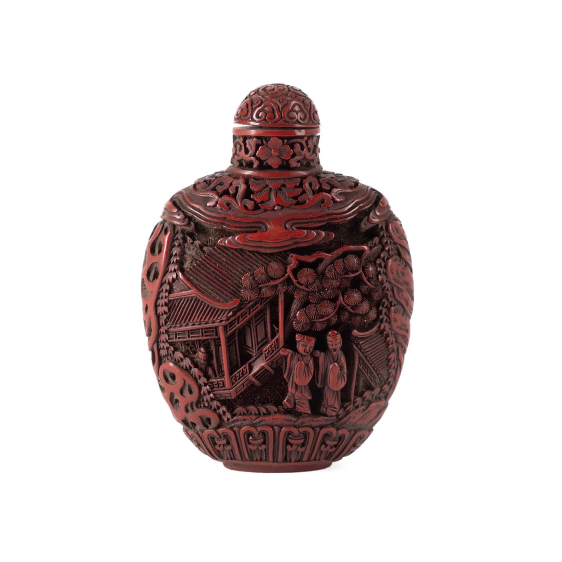 CHINESE CARVED CINNABAR LIDDED SNUFF BOTTLE (1 of 6)