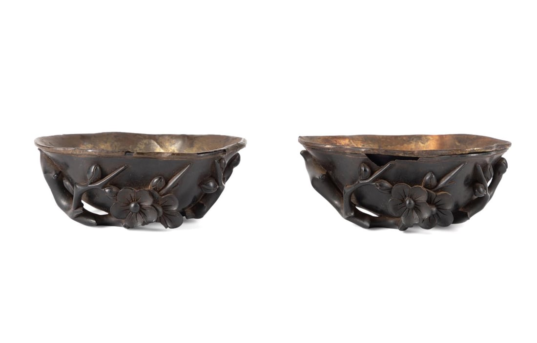 TWO CHINESE CARVED WOOD & GILT METAL LIBATION CUPS (1 of 6)