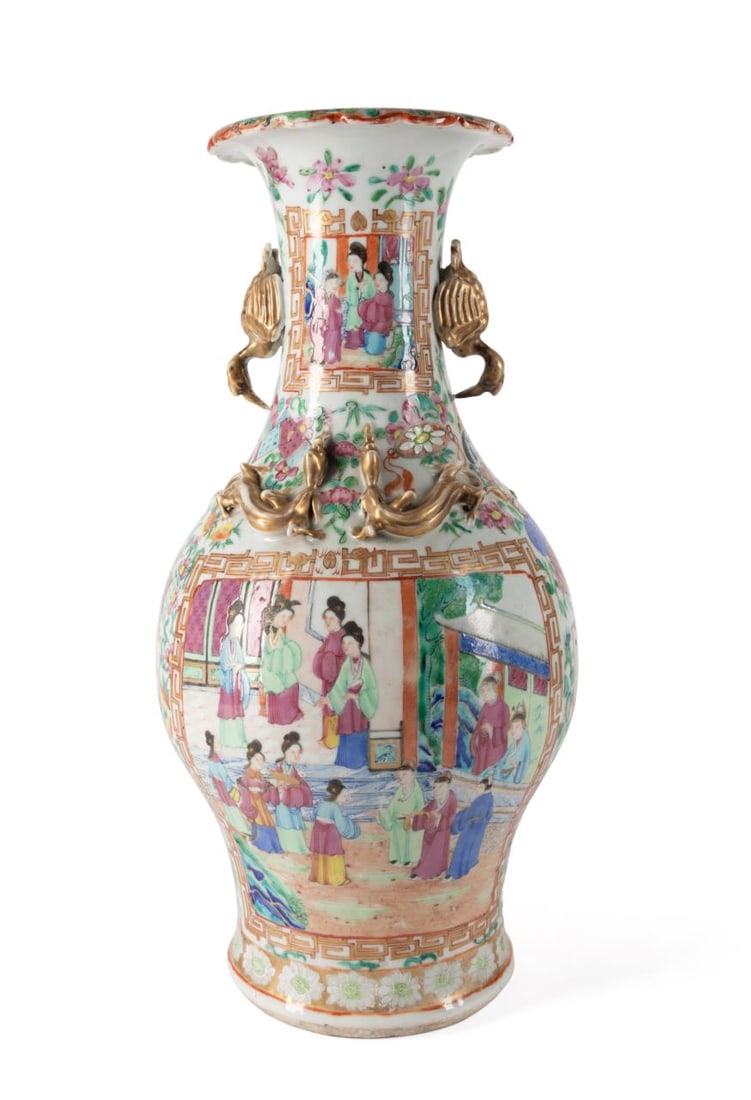 CHINESE ROSE MANDARIN CRANE HANDLE FIGURAL VASE: Chinese Rose Mandarin porcelain haitangzun vase, having double crane handles, applied salamanders, and figural reserves, with a Jane J. Marsden Antiques label to the underside but otherwise apparently
