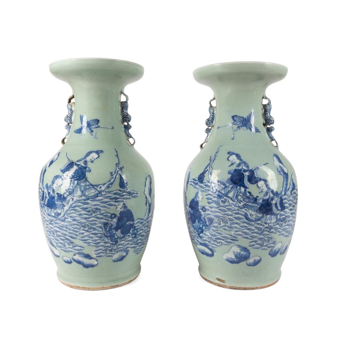 PAIR CHINESE BLUE & WHITE ON CELADON VASES (1 of 6)