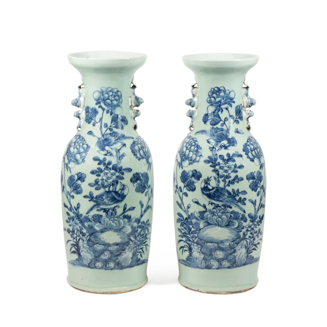 PAIR CHINESE BLUE, WHITE, & CELADON FLORAL VASES: Pair of Chinese blue, white, and celadon ground porcelain baluster form vases, each having applied shishi handles, and decorated with birds in a flowering garden with peonies, apparently unmarked. App