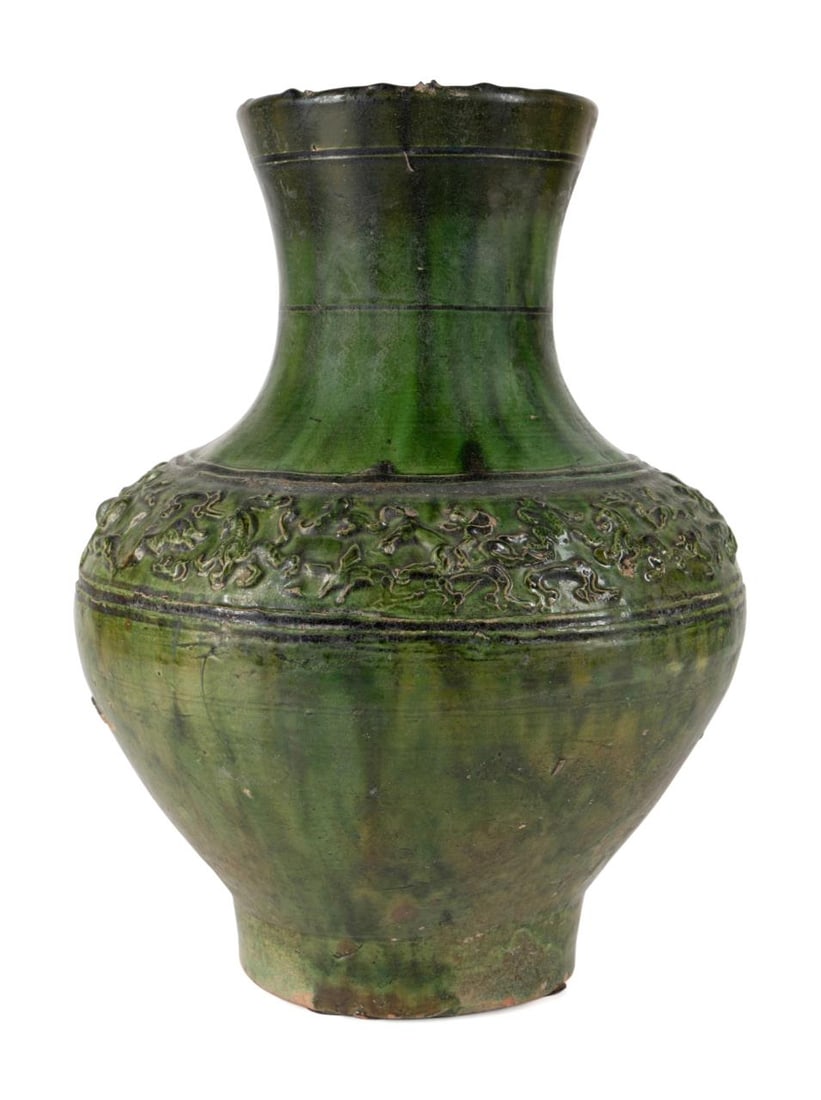 CHINESE GREEN GLAZED TERRACOTTA HU VESSEL: Chinese green glazed terracotta Hu vessel in the Han Dynasty taste, having a ringed trumpet neck above a tapering shouldered body with a band of molded animals at the mid point including tigers, eagle