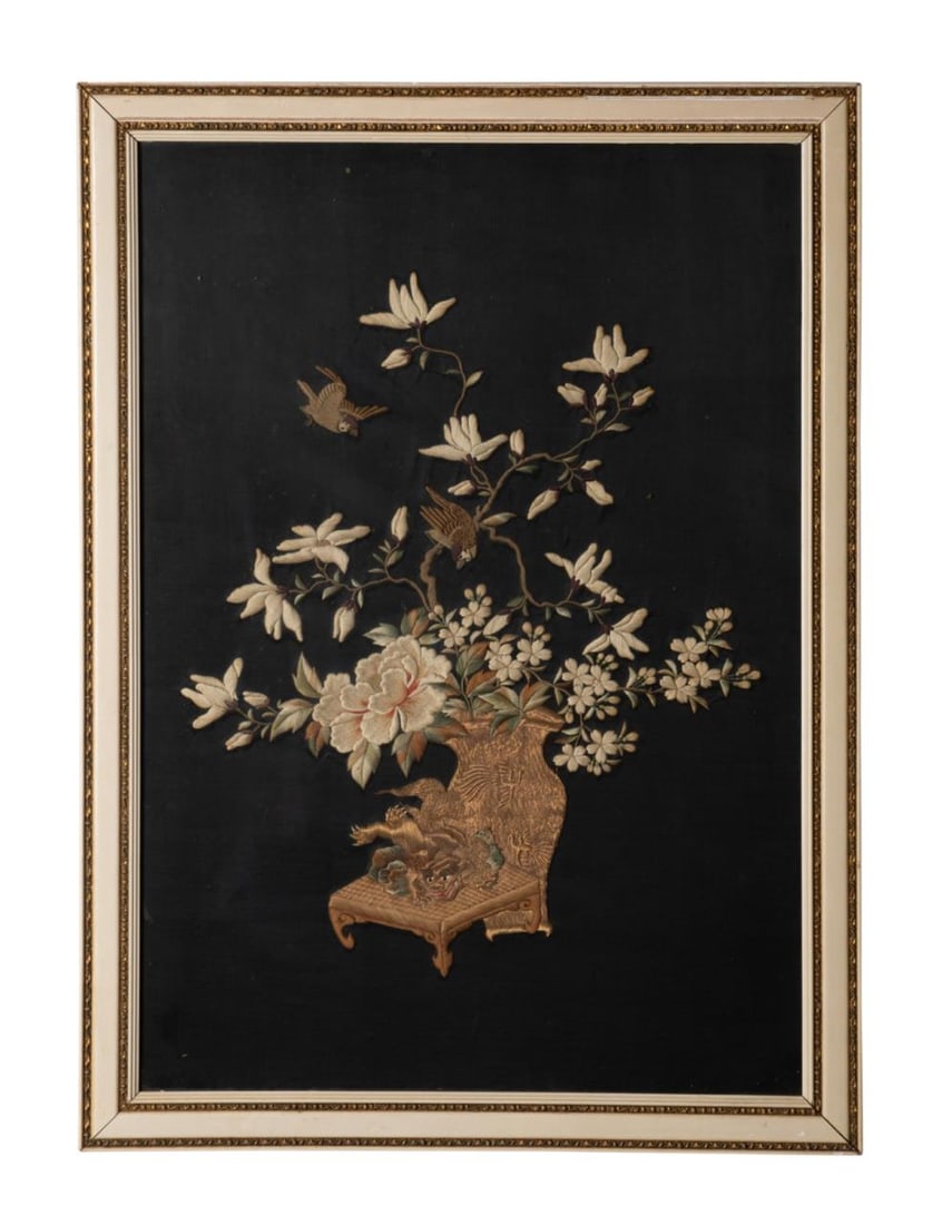 CHINESE BIRD & FLOWER SILK EMBROIDERY PANEL (1 of 4)