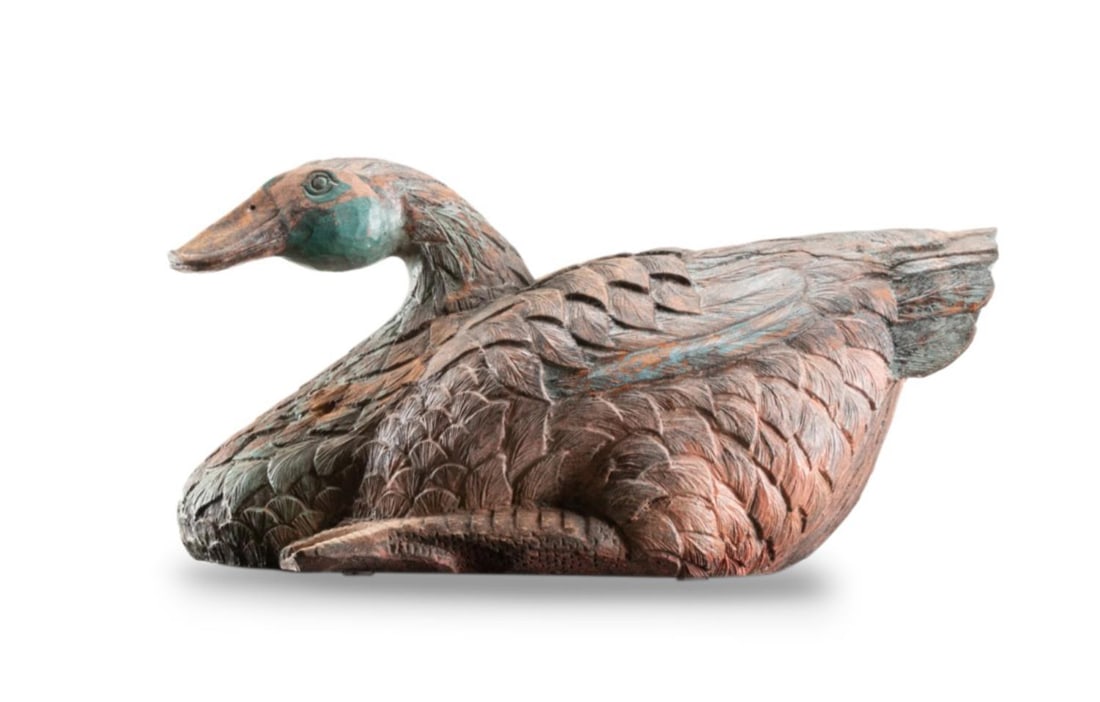 LARGE CHINESE POLYCHROME CARVED WOODEN GOOSE (1 of 8)