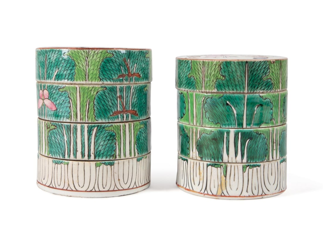 PAIR CHINESE STACKED CABBAGE AND BUTTERFLY BOXES: Pair of Chinese stacked cabbage and butterfly boxes, of circular form with four layers, each lid decorated with one of the Eight Immortals surrounded by boys, the rest of each box decorated with bok c