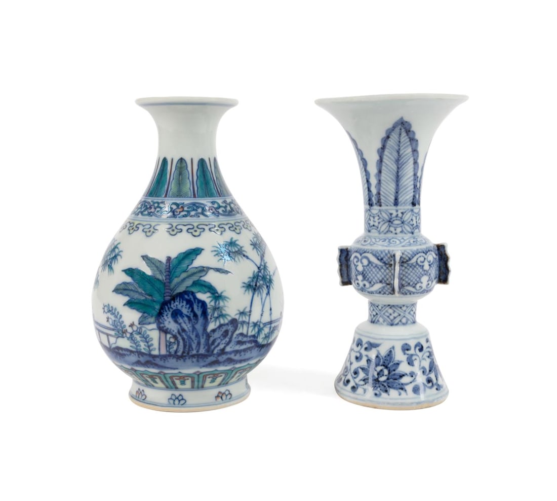TWO DIMINUTIVE CHINESE VASES, DUCAI & BLUE & WHITE: Two diminutive Chinese vases comprising, a Ducai bottle vase decorated with plantain and ruyi bands above a pastoral scene of bamboo, plantain, pomegranate, and rockwork with a fence, having a blue un