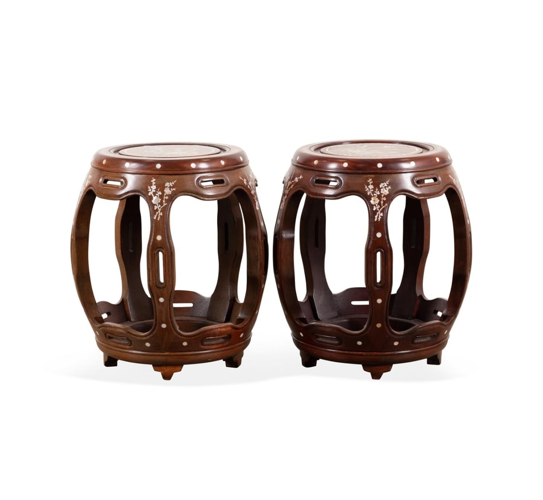PAIR CHINESE MAHOGANY & MOTHER OF PEARL STANDS (1 of 7)