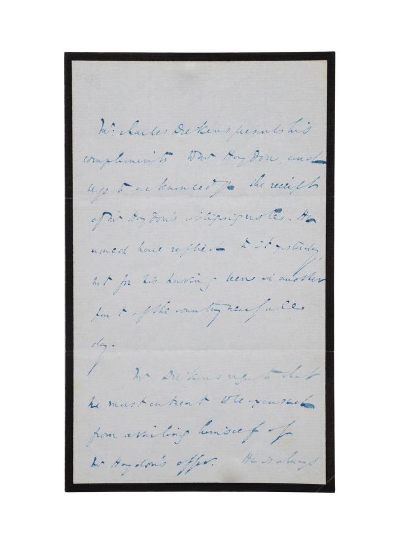 CHARLES DICKENS HANDWRITTEN SIGNED LETTER, 1848: Four pages total with two handwritten pages with the letter signed twice, in blue ink, in prose. This correspondence is dated Sept, 26th,1848 and likely referencing the painter Benjamin Haydon. Writte